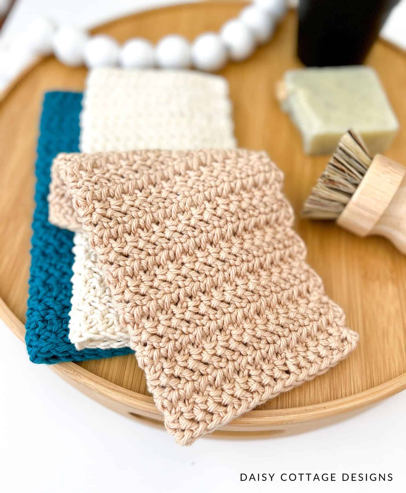 Herringbone Double Crochet Stitch Dishcloths in taupe, cream, and dark teal