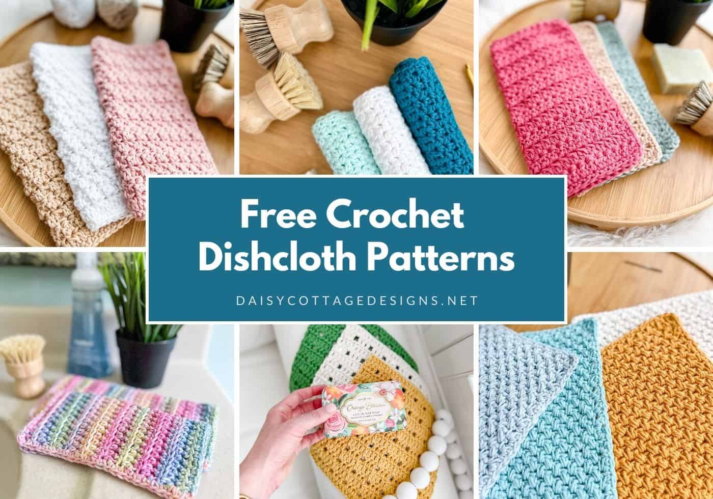 Colorful crochet dishcloths on a wooden tray