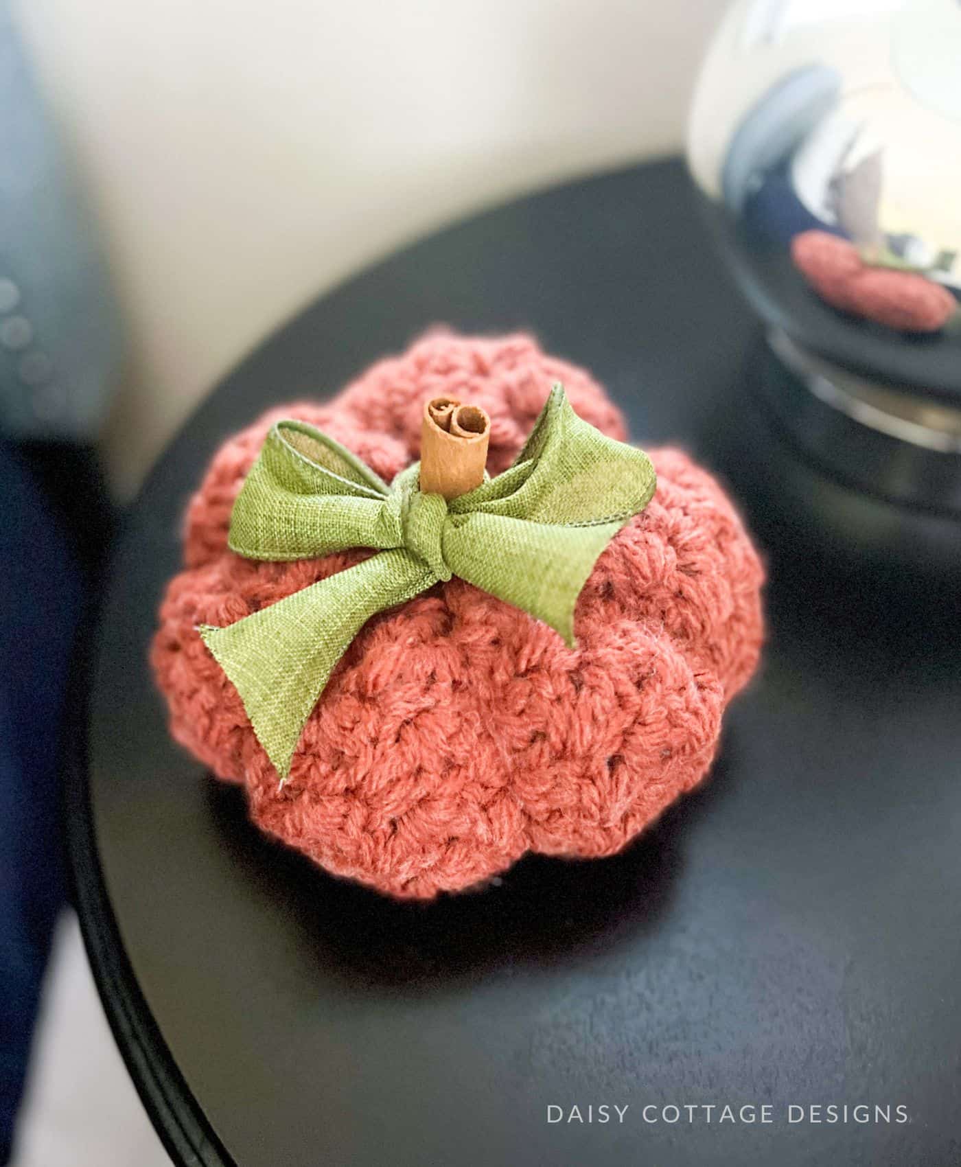 Crochet pumpkin on nightstand
