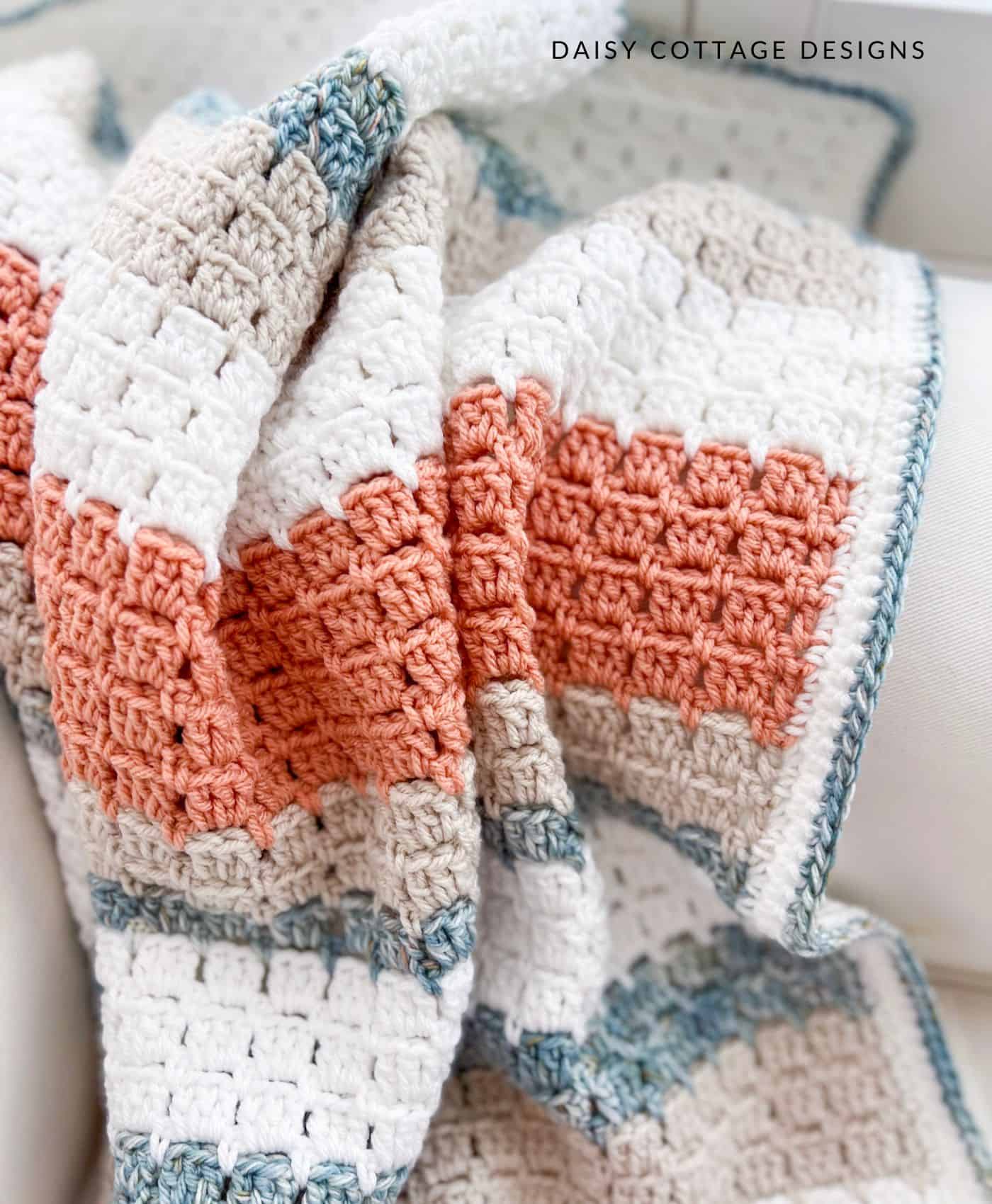 Close up of block stitch crochet blanket